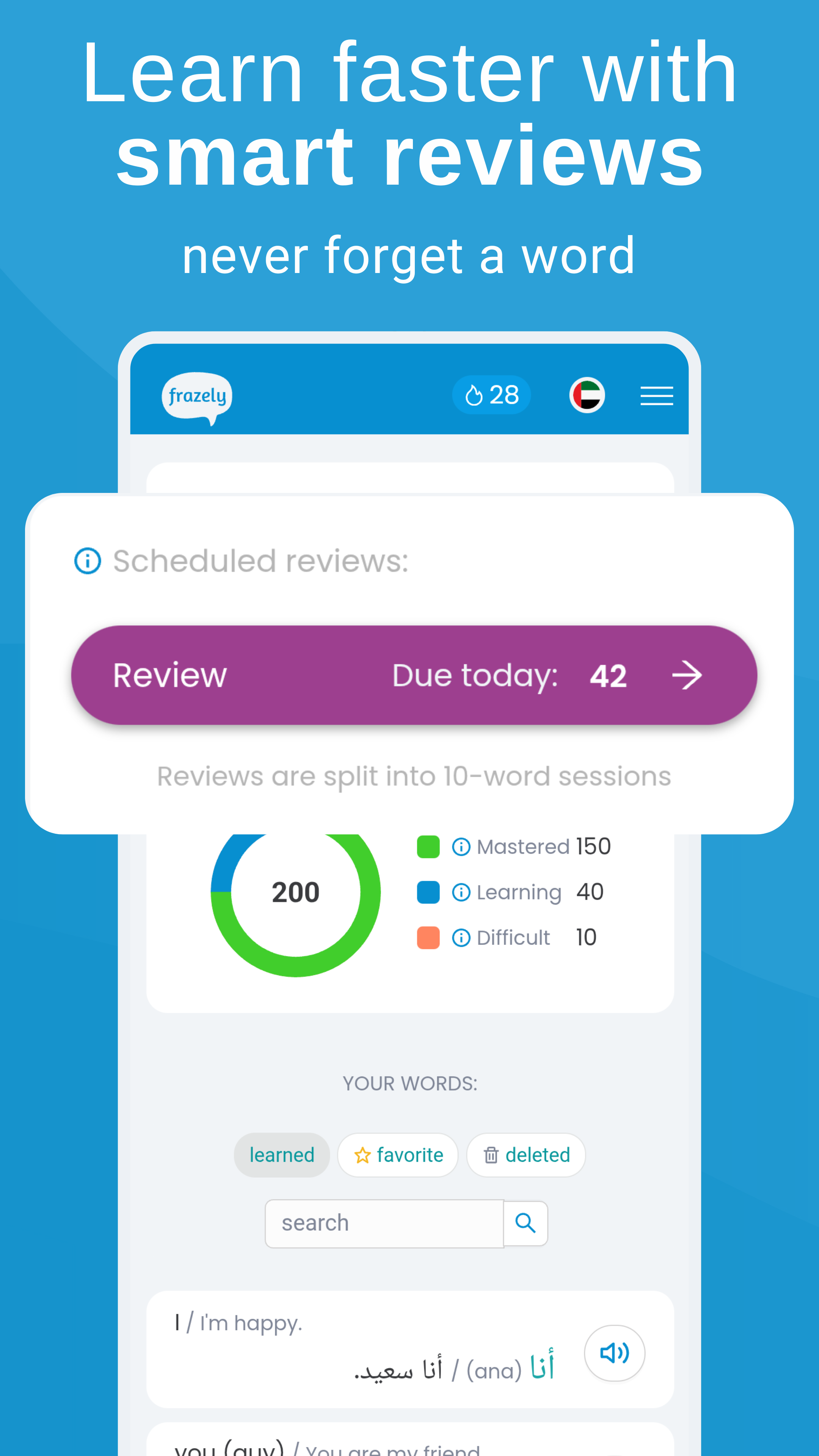 Frazely App Feature - Smart reviews based on spaced repetition