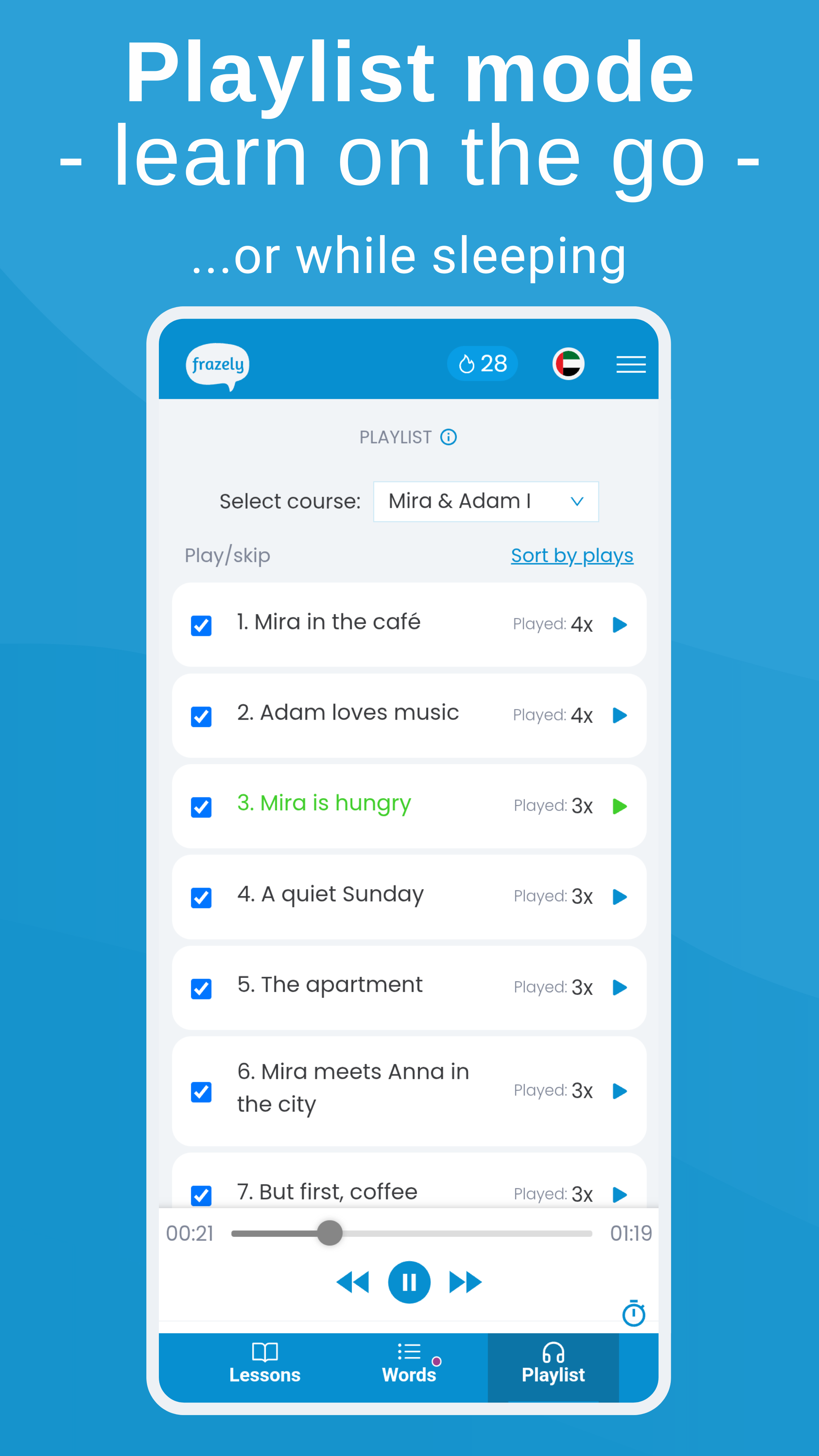 Frazely App Feature - Playlist mode for learning on the go